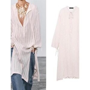 Zara Striped Midi Dress XS Pink White Excellent Boho Long Sleeve Split Neck